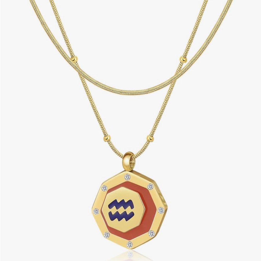 Aquarius- Gold Enamel CZ Zodiac Pendant
Beaded Chain Necklace + FREE Snake Chain